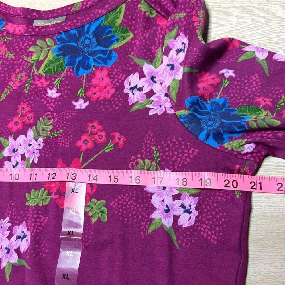 Style & Co Long Sleeve Tee Shirt Women's XL Floral on Purple Boat Neck 3/4 Sleev - Picture 11 of 13
